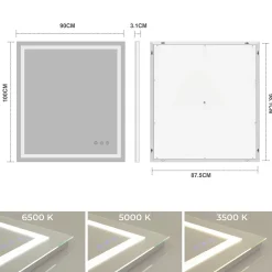 Miroir Lumineux|Saniverre Miroir lumineux CIMEO 90 x 100 cm (ou 100x90) LED 2100 lms, antibuée + intensité & couleur réglables salle de bain -