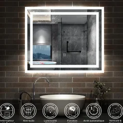 AICA Sanitaire Miroir lumineux dimmable, 60x50cm, avec mémoire, salle de bain anti-buée, 6000k blanc froid, IP44,