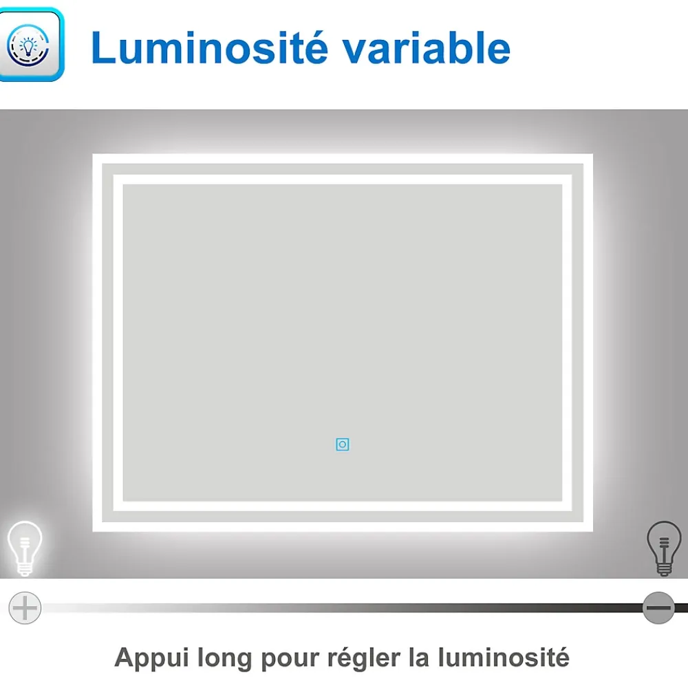 Miroir Lumineux|AICA Sanitaire Miroir lumineux dimmable, 80x60cm, avec mémoire, salle de bain anti-buée, 6000k blanc froid, IP44,