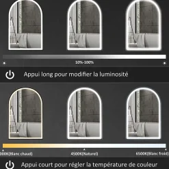 Miroir Lumineux|Homcom Miroir lumineux LED arqué de salle de bain 90 x 60 cm - tactile, réglable, anti-buée - alu noir