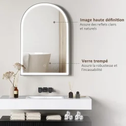 Miroir Lumineux|Homcom Miroir lumineux LED arqué de salle de bain 90 x 60 cm - tactile, réglable, anti-buée - alu noir