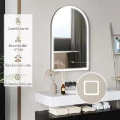 Miroir Lumineux|Homcom Miroir lumineux LED arqué de salle de bain 90 x 60 cm - tactile, réglable, anti-buée - alu noir