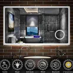 Saniland Miroir lumineux 160x800 pour salle de bain avec zone grossissante et hauts parleurs Bluetooth