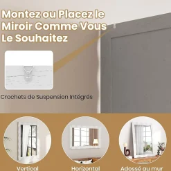 Giantex Miroir Mural 106 x 71,5 cm, Cadre en Bois d'Hévéa, Miroir de Courtoisie à Suspension, pour Salle de Bain, Salon, Entrée, Blanc