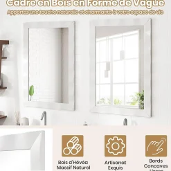 Giantex Miroir Mural 106 x 71,5 cm, Cadre en Bois d'Hévéa, Miroir de Courtoisie à Suspension, pour Salle de Bain, Salon, Entrée, Blanc