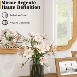 Giantex Miroir Mural 90 x 60 CM,Coins Arrondis Style Rustique Haute Définition pour Salle de Bain,Salon,Entrée,Chambre,Suspension,Naturel