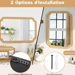 Giantex Miroir Mural 90 x 60 CM,Coins Arrondis Style Rustique Haute Définition pour Salle de Bain,Salon,Entrée,Chambre,Suspension,Naturel