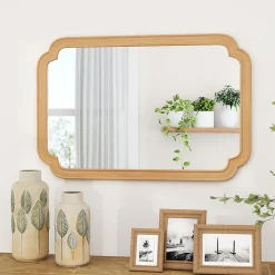 Giantex Miroir Mural 90 x 60 CM,Coins Arrondis Style Rustique Haute Définition pour Salle de Bain,Salon,Entrée,Chambre,Suspension,Naturel