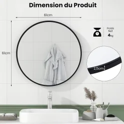 Miroir Simple|Giantex Miroir Mural de Salle de Bain Cadre en Métal Verre Argenté Film Antidéflagrant Miroir Rond de 61CM pour la Décoration
