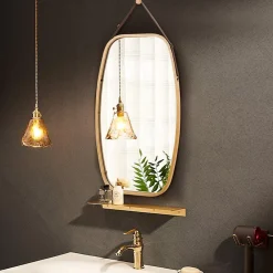 Giantex Miroir Mural en Aluminium avec Cadre en Bambou,Grand Miroir avec Film Antideflagrant, Arrondie avec Cadre en Bambou,