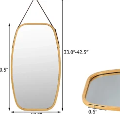Giantex Miroir Mural en Aluminium avec Cadre en Bambou,Grand Miroir avec Film Antideflagrant, Arrondie avec Cadre en Bambou,