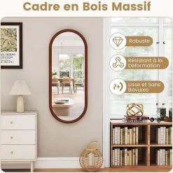Miroir Grossissant|Giantex Miroir Mural Peu Encombrant,avec Cadre en Bois Massif,Miroir HD,4 Crochets de Fixation,pour Salon,Chambre, Balcon, Entrée, Noyer