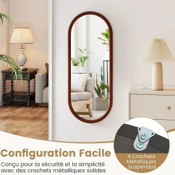 Miroir Grossissant|Giantex Miroir Mural Peu Encombrant,avec Cadre en Bois Massif,Miroir HD,4 Crochets de Fixation,pour Salon,Chambre, Balcon, Entrée, Noyer