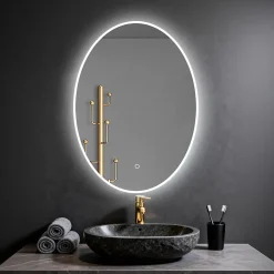 Saniland Miroir ovale LED 50x70 cm lumière dimmable 2700 6000 K, zone anti-buée et minuterie 60 min
