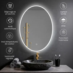 Saniland Miroir ovale LED 50x70 cm lumière dimmable 2700 6000 K, zone anti-buée et minuterie 60 min