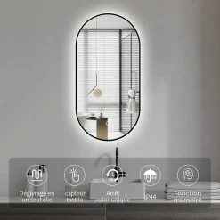 Saniland Miroir rectangle arrondi 50x100 cm lumière d'ambiance LED 2700 à 6000 K anti-buée cadre aluminium noir