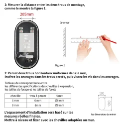 Saniland Miroir rectangle arrondi 50x100 cm lumière d'ambiance LED 2700 à 6000 K anti-buée cadre aluminium noir