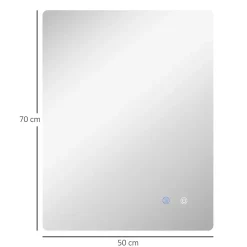 kleankin Miroir rectangulaire mural LED salle de bain - 70x50cm - 3 couleurs luminosité réglable tactile système antibuée blanc transparent