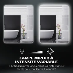 kleankin Miroir rectangulaire mural LED salle de bain - 70x50cm - 3 couleurs luminosité réglable tactile système antibuée blanc transparent