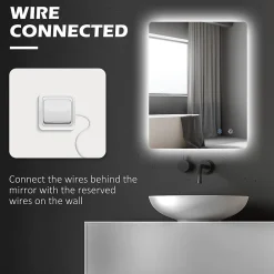 kleankin Miroir rectangulaire mural LED salle de bain - 70x50cm - 3 couleurs luminosité réglable tactile système antibuée blanc transparent