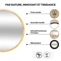 Miroir Simple|5Five Miroir rond à led 57cm Bambou -