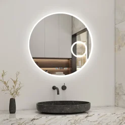 Miroir Lumineux|AICA Sanitaire Miroir rond de salle de bain 80cm LED tricolore horloge + loupe + anti-buée + mémoire,