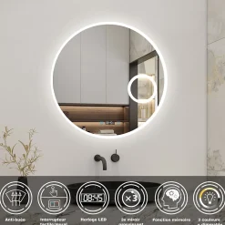 Miroir Lumineux|AICA Sanitaire Miroir rond de salle de bain 80cm LED tricolore horloge + loupe + anti-buée + mémoire,