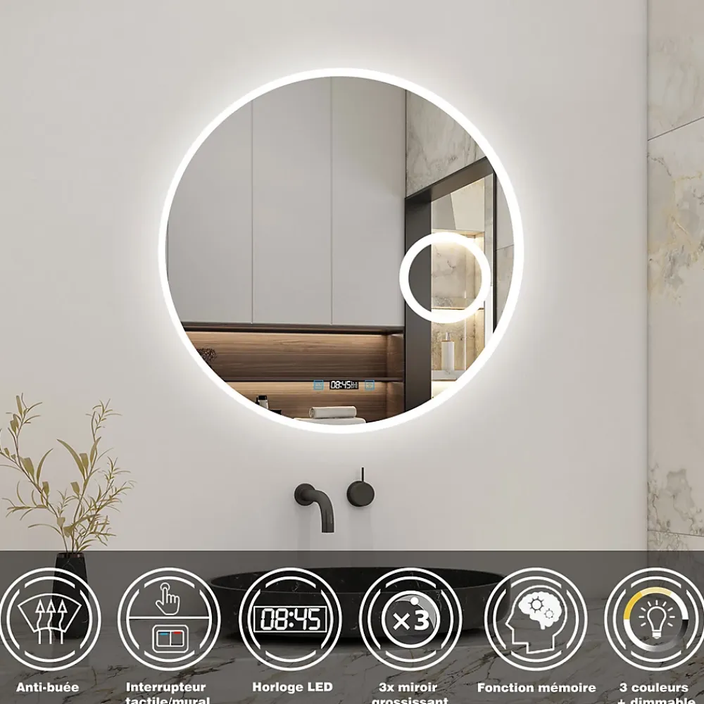 Miroir Lumineux|AICA Sanitaire Miroir rond de salle de bain 80cm LED tricolore horloge + loupe + anti-buée + mémoire,