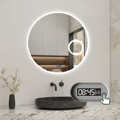 Miroir Lumineux|AICA Sanitaire Miroir rond de salle de bain 80cm LED tricolore horloge + loupe + anti-buée + mémoire,