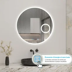 Miroir Lumineux|AICA Sanitaire Miroir rond de salle de bain 80cm LED tricolore horloge + loupe + anti-buée + mémoire,