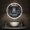 Miroir Lumineux|AICA Sanitaire Miroir rond de salle de bain 70cm LED tricolore horloge + loupe + anti-buée + mémoire,