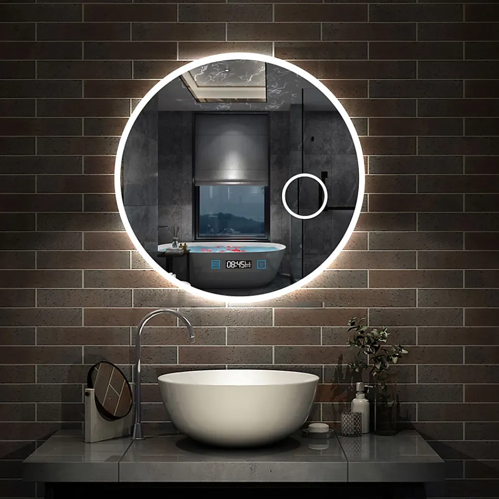 Miroir Lumineux|AICA Sanitaire Miroir rond de salle de bain 70cm LED tricolore horloge + loupe + anti-buée + mémoire,
