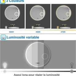 Miroir Lumineux|AICA Sanitaire Miroir rond de salle de bain 70cm LED tricolore horloge + loupe + anti-buée + mémoire,