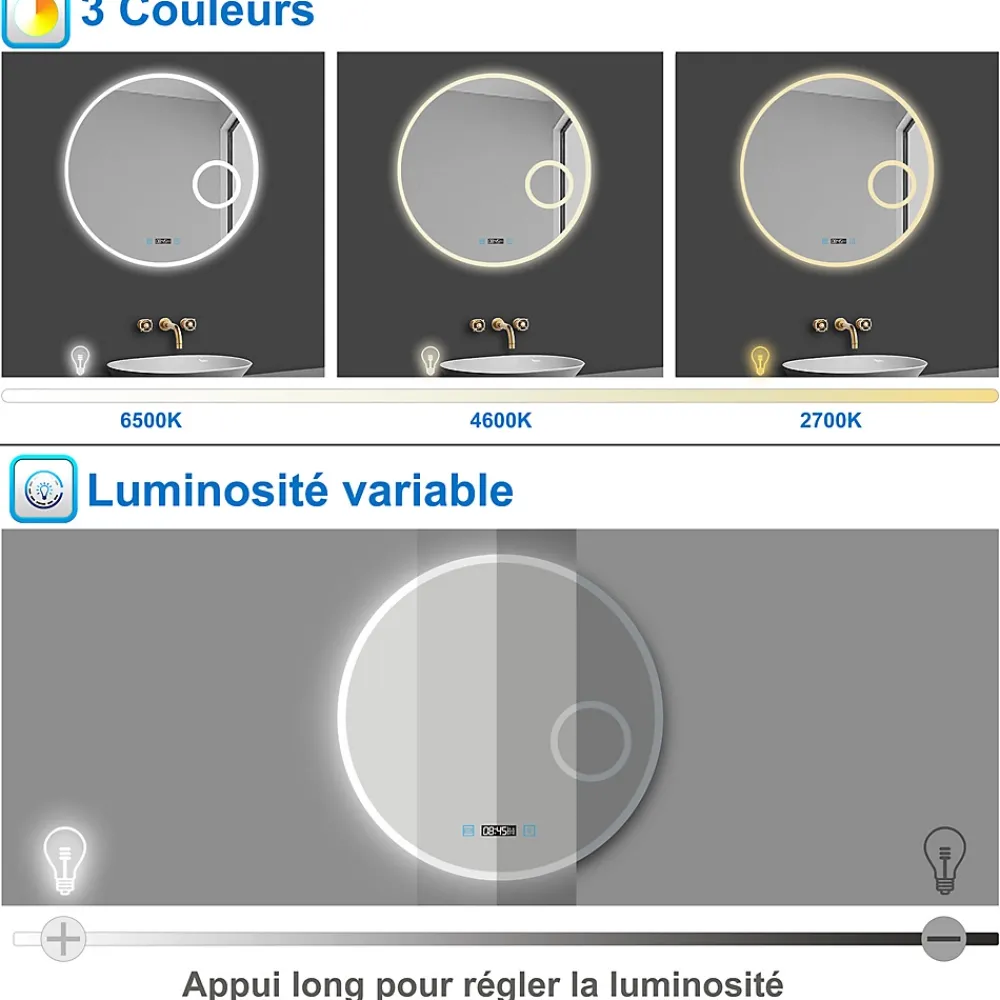 Miroir Lumineux|AICA Sanitaire Miroir rond de salle de bain 70cm LED tricolore horloge + loupe + anti-buée + mémoire,