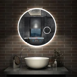 Miroir Lumineux|AICA Sanitaire Miroir rond de salle de bain 60cm LED tricolore horloge + loupe + anti-buée + mémoire,