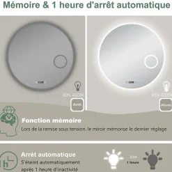 Miroir Lumineux|AICA Sanitaire Miroir rond de salle de bain 60cm LED tricolore horloge + loupe + anti-buée + mémoire,