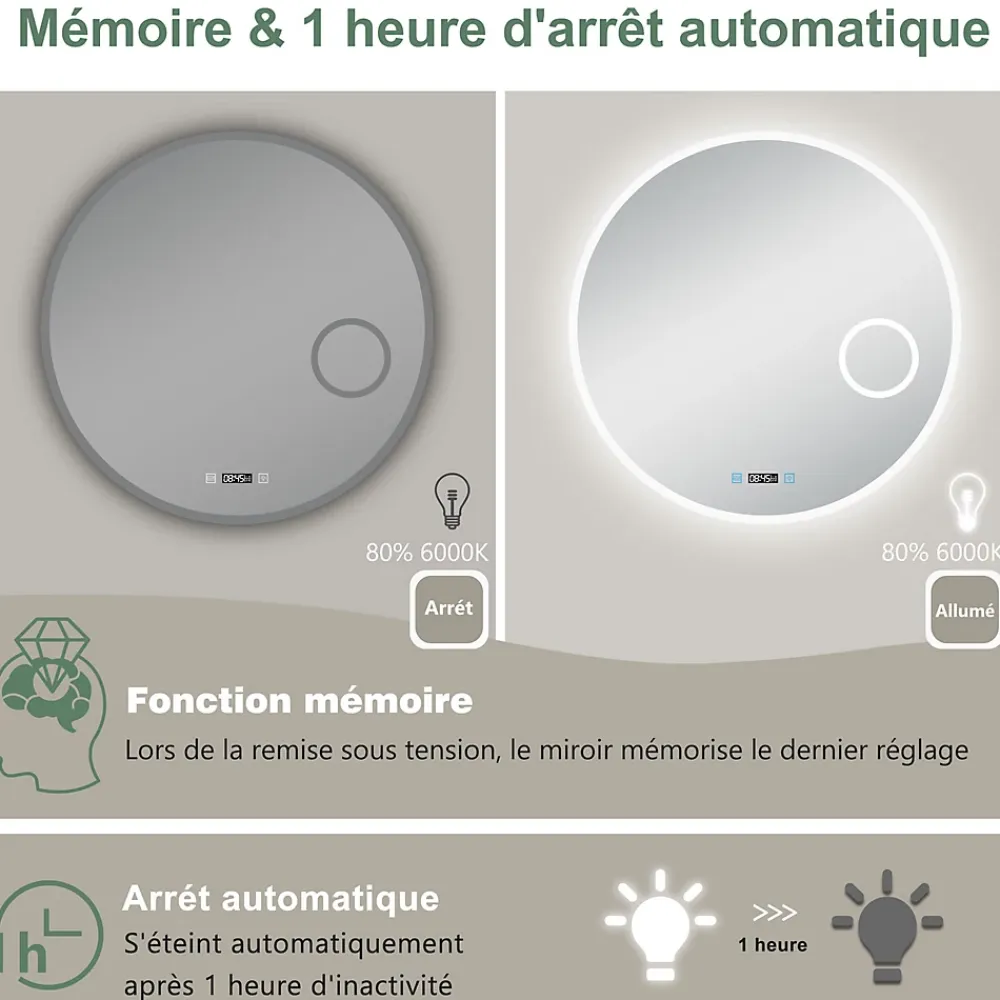 Miroir Lumineux|AICA Sanitaire Miroir rond de salle de bain 60cm LED tricolore horloge + loupe + anti-buée + mémoire,