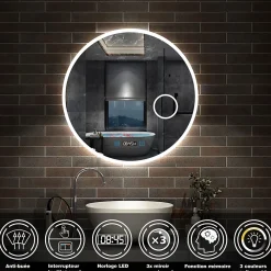 AICA Sanitaire Miroir rond de salle de bain 80cm LED tricolore horloge + loupe + anti-buée + mémoire,