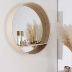 Miroir Simple|Mob-In Miroir rond en chêne avec étagère 60 cm OBLO