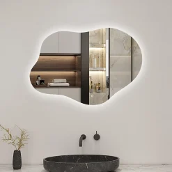 Miroir Lumineux|AICA Sanitaire Miroir salle de bain asymétrique 80 x 55 cm LED Éclairage réglable en 3 couleurs + anti-buée + fonction mémoire