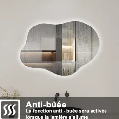 Miroir Lumineux|AICA Sanitaire Miroir salle de bain asymétrique 80 x 55 cm LED Éclairage réglable en 3 couleurs + anti-buée + fonction mémoire