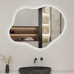 Miroir Lumineux|AICA Sanitaire Miroir salle de bain asymétrique 90 x 68 cm LED Éclairage réglable en 3 couleurs + anti-buée + fonction mémoire