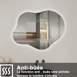 Miroir Lumineux|AICA Sanitaire Miroir salle de bain asymétrique 90 x 68 cm LED Éclairage réglable en 3 couleurs + anti-buée + fonction mémoire