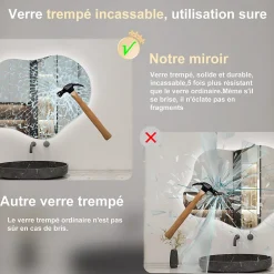 Miroir Lumineux|AICA Sanitaire Miroir salle de bain asymétrique 90 x 68 cm LED Éclairage réglable en 3 couleurs + anti-buée + fonction mémoire
