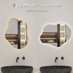 Miroir Lumineux|AICA Sanitaire Miroir salle de bain asymétrique 90 x 68 cm LED Éclairage réglable en 3 couleurs + anti-buée + fonction mémoire