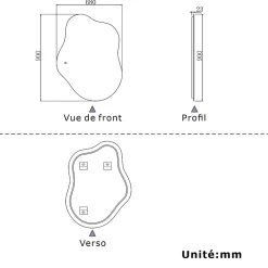 Miroir Lumineux|AICA Sanitaire Miroir salle de bain asymétrique 90 x 68 cm LED Éclairage réglable en 3 couleurs + anti-buée + fonction mémoire
