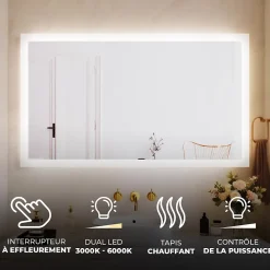 Miroir Lumineux|Artforma Miroir Salle de Bain avec Eclairage 120x70, Miroir LED avec Tactile et Fonction Anti-buée, Systeme Couleur DUAL LED