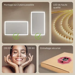 Miroir Lumineux|Artforma Miroir Salle de Bain avec Eclairage 120x70, Miroir LED avec Tactile et Fonction Anti-buée, Systeme Couleur DUAL LED