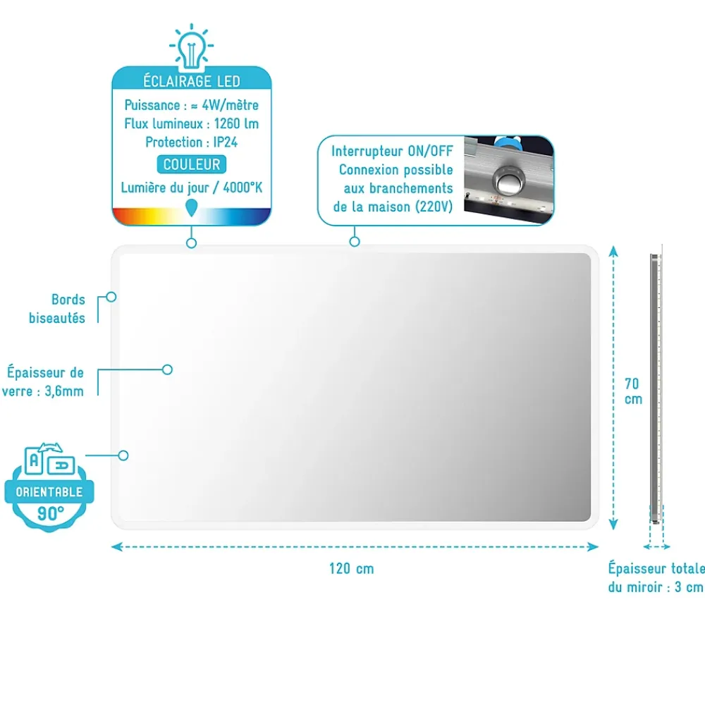 Aurlane Miroir salle de bain avec eclairage LED - 120x70cm - GO LED