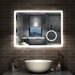 AICA Sanitaire Miroir salle de bain bluetooth + loupe + horloge + tricolore + anti-buée 80x60cm dimmable,mémoire,tactile,led,
